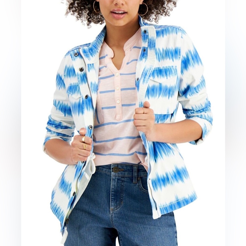 Style & Co Tie-Dye Jacket Womens XL White Blue Striped Artsy Colorful Summer